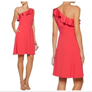 Maje One-Shoulder Rirai Ruffle Dress in Coral/Rose